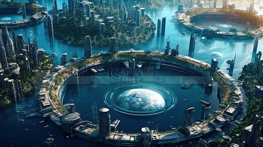 外艺术背景图片_未来水星球景观上城市的空中 3D 数字艺术