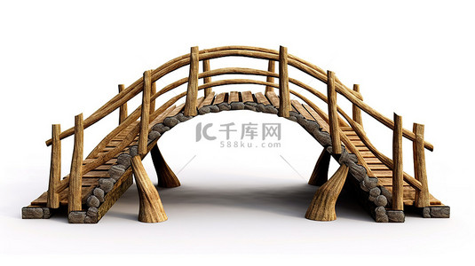 空白背景上 3D 木桥的详细渲染