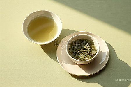绿茶线稿背景图片_盘子上放着两小盘绿茶