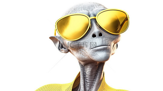 戴着黄色太阳镜的灰色外星人在白色背景 3D 渲染上摆出夏日肖像的姿势