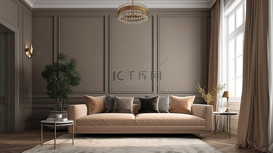 华丽的浅棕色沙发和墙壁装饰装饰着房屋中 3D 渲染的客厅