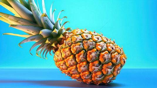 夏季果实背景图片_多汁营养丰富的菠萝果实，在 3D 渲染的蓝色背景上具有热带风情
