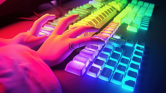 黑客卡通背景图片_使用 RGB 光进行卡通手打字的彩虹背光键盘的 3D 渲染