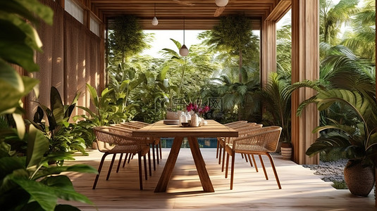 房子平面3d背景图片_热带房屋户外用餐区的 3D 插图