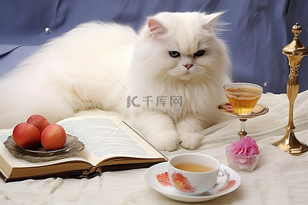 马卡龙背景图片_拿着书和馅饼的白猫