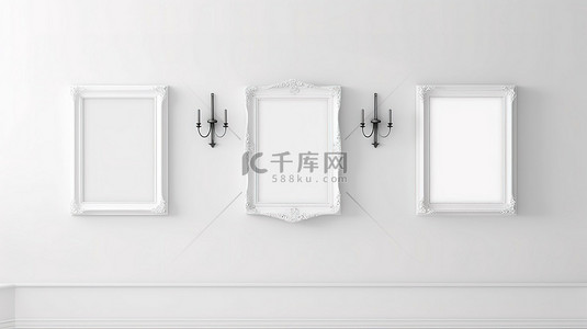 安装在原始白墙上的永恒三联镜框的 3D 渲染