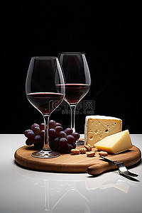 两杯红酒，一些奶酪和葡萄，还有一把刀