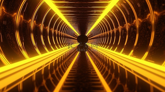荧光蓝荧光背景图片_3D 渲染霓虹灯隧道中地板上的黄色反射