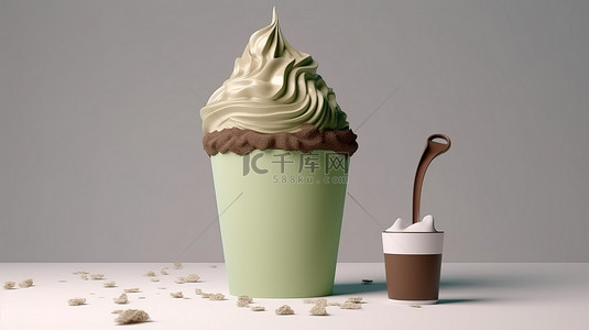 满杯西柚背景图片_白色背景上装满巧克力绿茶冰淇淋的独立软冰杯的卡通风格 3D 渲染