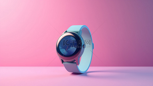 双品背景图片_双色调风格蓝色现代智能手表模型，在充满活力的背景 3D 渲染上配有粉红色表带