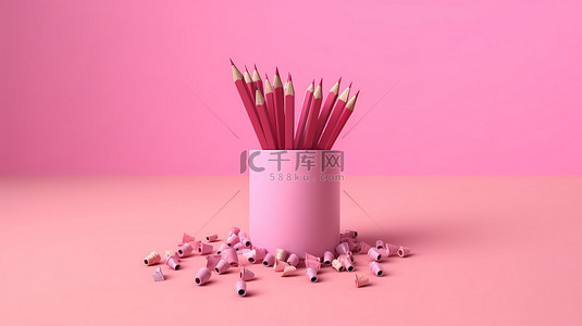 粉红色背景与铅笔和笔记的 3D 渲染