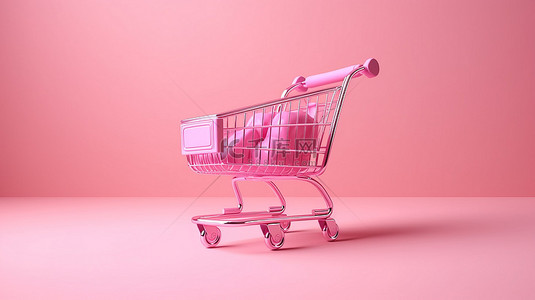 商务对话框png背景图片_匹配背景上粉红色杂货车的采购概念 3D 渲染
