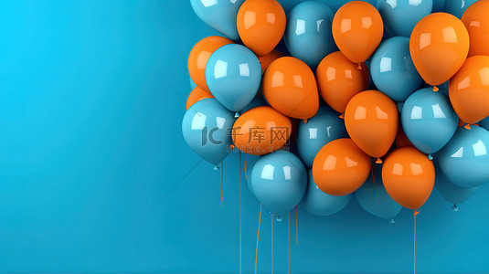 橙色上海长图背景图片_橙色墙壁上排列的充满活力的蓝色气球令人惊叹的水平横幅 3D 插图渲染