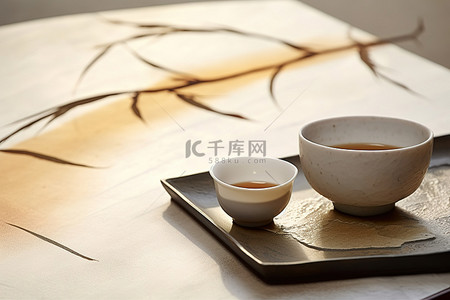托盘上放着一碗茶，上面有竹子的图案