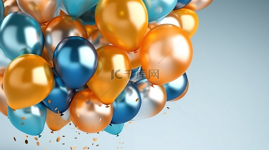 橙色气球背景图片_在明亮的背景上庆祝蓝色和橙色气球的 3D 渲染