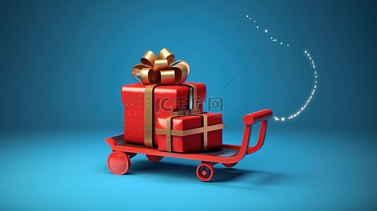 孤立的 3D 插图蓝色背景与红色圣诞雪橇上的礼品盒