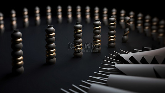 职业发展概念 3D 说明棋子在黑色背景上沿着螺旋路径移动