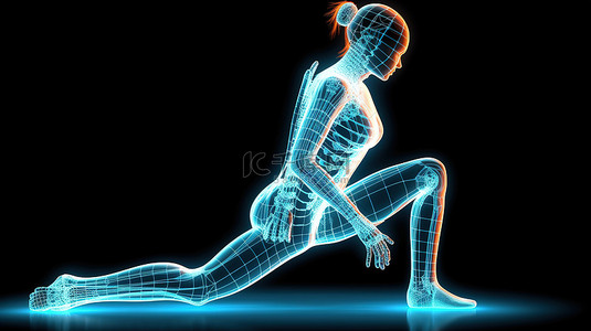 女性医学模型的瑜伽姿势，重点是 3D 渲染中的脊柱解剖学