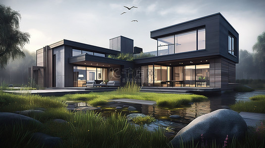当代华丽住宅，拥有混凝土车道和修剪整齐的草坪，以 3D 方式呈现宁静的海洋背景