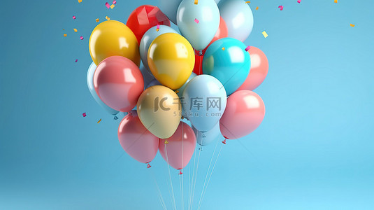 蓝色背景水平横幅中充满活力的生日气球，带有 3D 插图