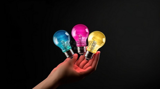 脑灯泡创新背景图片_创新概念手握彩色灯泡进行创意竞赛 3D 渲染