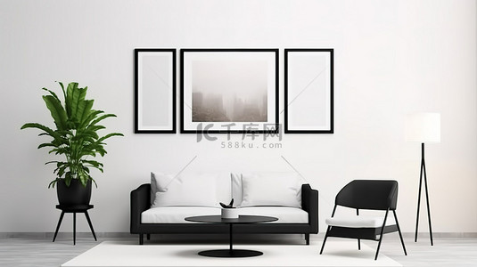 简约的房间内部配有白色椅子和黑色咖啡桌，在白墙 3D 渲染上展示了模拟海报框架