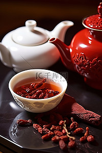 黑果枸杞背景图片_优雅茶壶中的枸杞茶