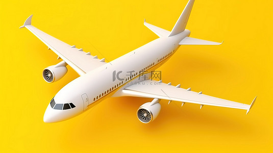 设计生活创意背景图片_平躺设计中的旅行概念黄色背景白色飞机的 3D 渲染