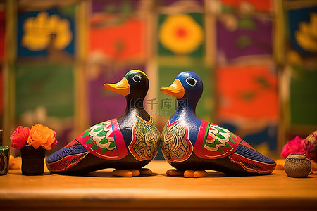 三个木鸭雕像站在彩色布上