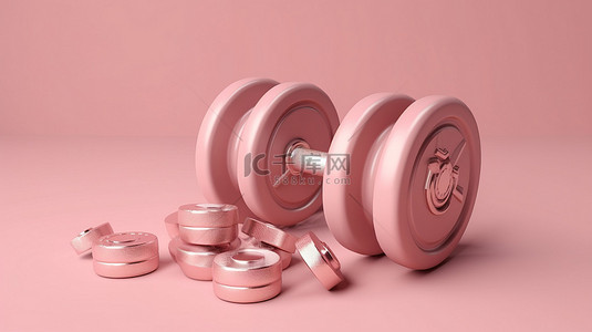 终极健身装备粉色金属哑铃，带磁盘和耳机，在充满活力的粉色背景上提供 3D 插图