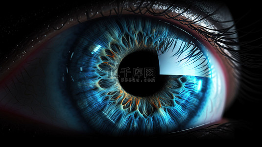 角膜接触镜背景图片_具有详细虹膜角膜和视网膜的逼真发光蓝眼的 3D 插图