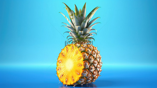 夏季果实背景图片_蓝色背景下的 3D 多汁且营养丰富的菠萝果实