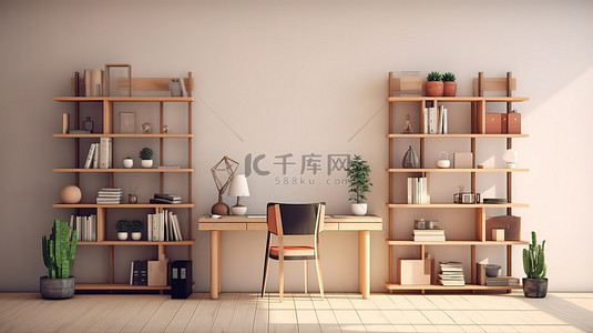 以 3D 方式可视化现代家庭办公桌架装饰和椅子