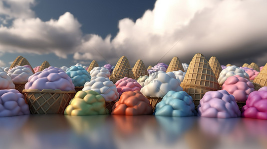 冰淇淋卡通背景背景图片_通过渲染创建的彩虹云和 3d 冰淇淋勺