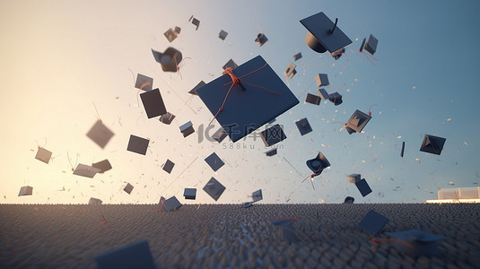 毕业横幅背景图片_毕业帽在天空中翱翔的插图 3d 渲染毕业横幅的概念