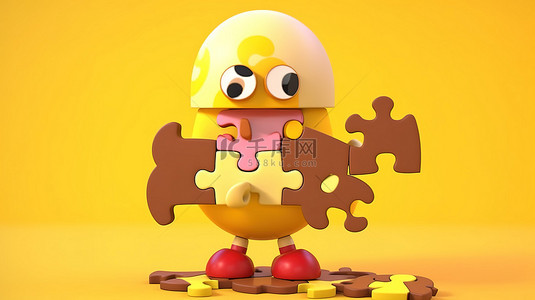 拼圖背景背景图片_阳光明媚的黄色背景 3D 渲染上，围绕棕色鸡蛋角色排列的彩色拼图碎片