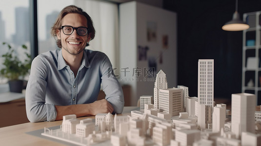 迷人的白人建筑师，戴着眼镜，靠在桌子上，桌上有办公室现代建筑的 3D 模型