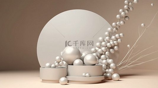 米色工作室背景上的几何球体和 3d 圆形展示台非常适合展示化妆品和其他产品