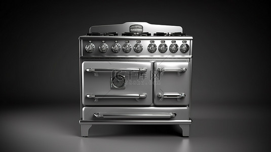 单色复古厨房用具中老式燃气灶烤箱的前视图 3D 渲染