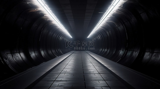 带有照明端的地下隧道 3D 渲染