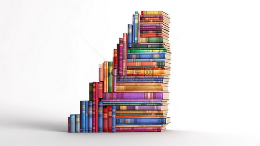 白色背景上彩色教科书的木梯的提升知识 3D 渲染