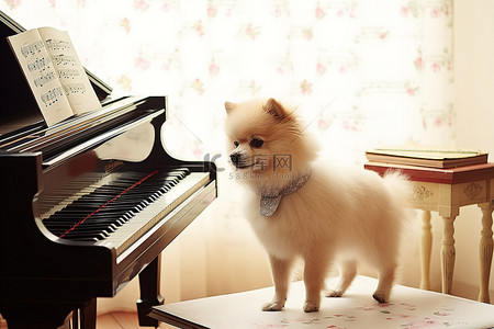 演奏背景图片_一只狗在钢琴旁边行走并演奏音乐