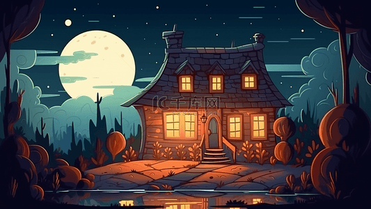 房子夜色可爱卡通插画