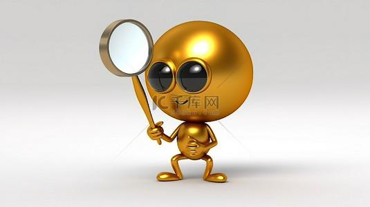 吉祥物角色的 3D 渲染，带有放大镜，白色背景上拿着金奖奖杯