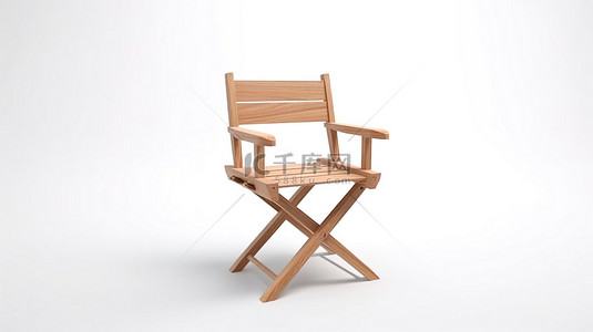 现代可折叠木制导演或花园椅呈现在 3D 创建的白色背景上