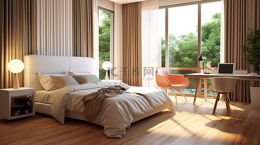 客房背景图片_一卧室酒店或公寓室内设计的 3D 渲染