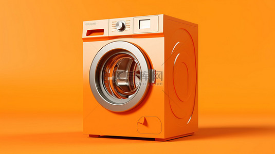 机器性能背景图片_充满活力的橙色背景上的 3D 渲染单色洗衣机