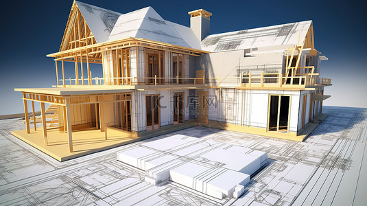 带有技术细节的蓝图和测量带覆盖在正在建造的房屋的 3D 渲染上