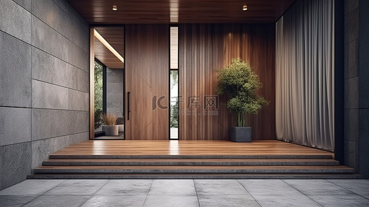 现代家居入口设有宽敞的木质庭院和光滑的 3D 混凝土墙