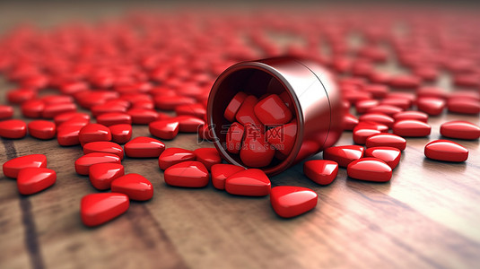 红心形木桌堆满3D渲染的保健药丸